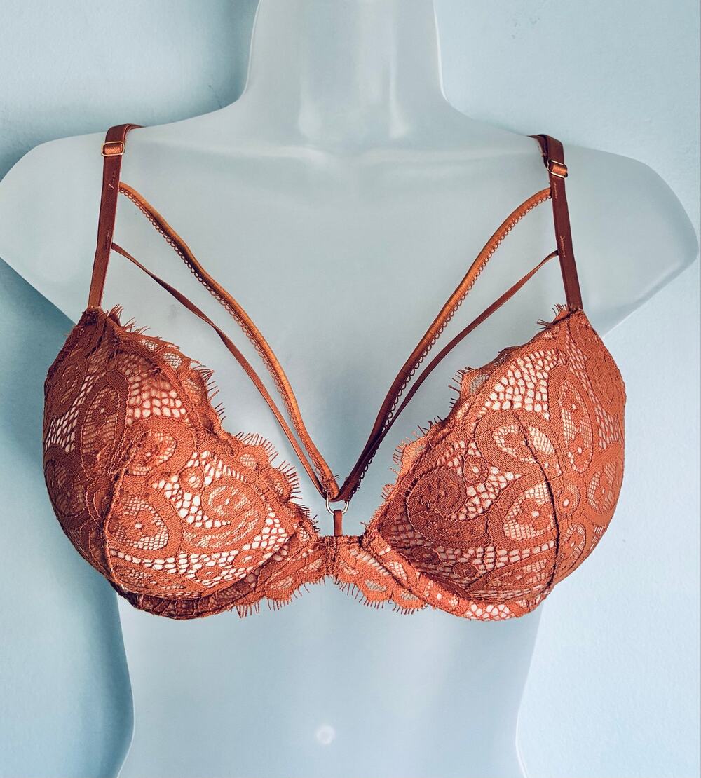 Victoria's Secret Push Up Bra Very Sexy Logo Lace Brown 34B Floral Strappy